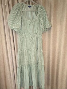 Gingham Puff-Sleeve Tiered Midi Dress in Light Green